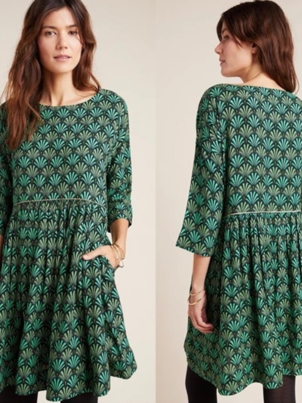 Anthro Maeve Magnolia Babydoll Tunic Dress Green Black Boho Art Deco Print Flowy